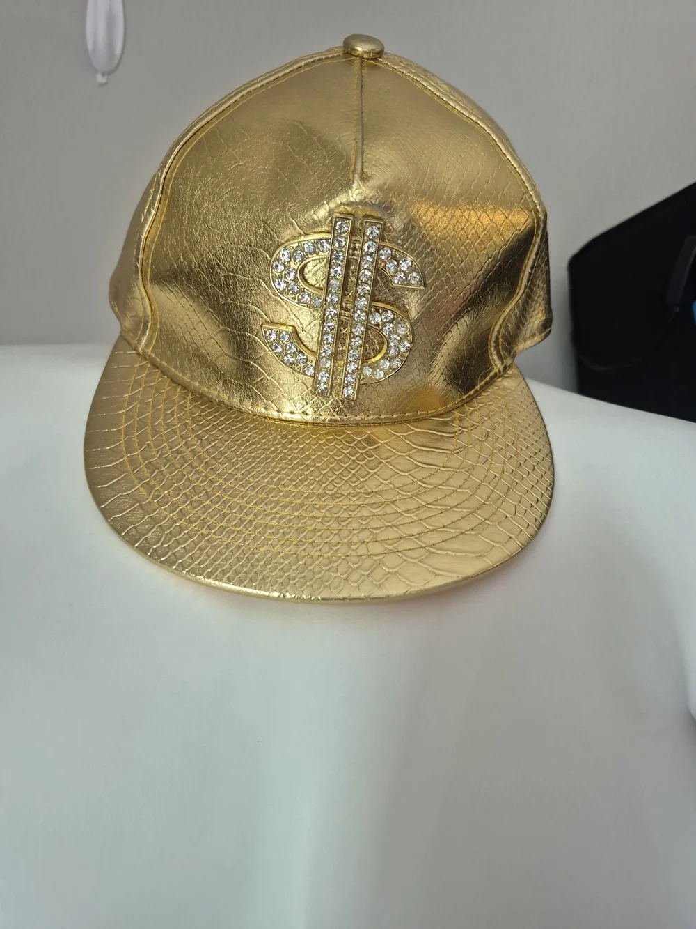 Men's Metallic Gold Rhinestone Dollar-Sign Snapback Hat